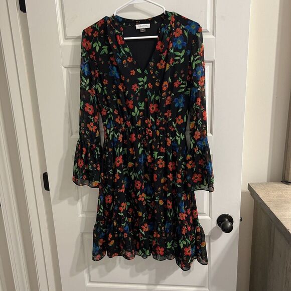 CALVIN KLEIN Darling Floral Lined Dress‎ Long Sleeve - Picture 1 of 3